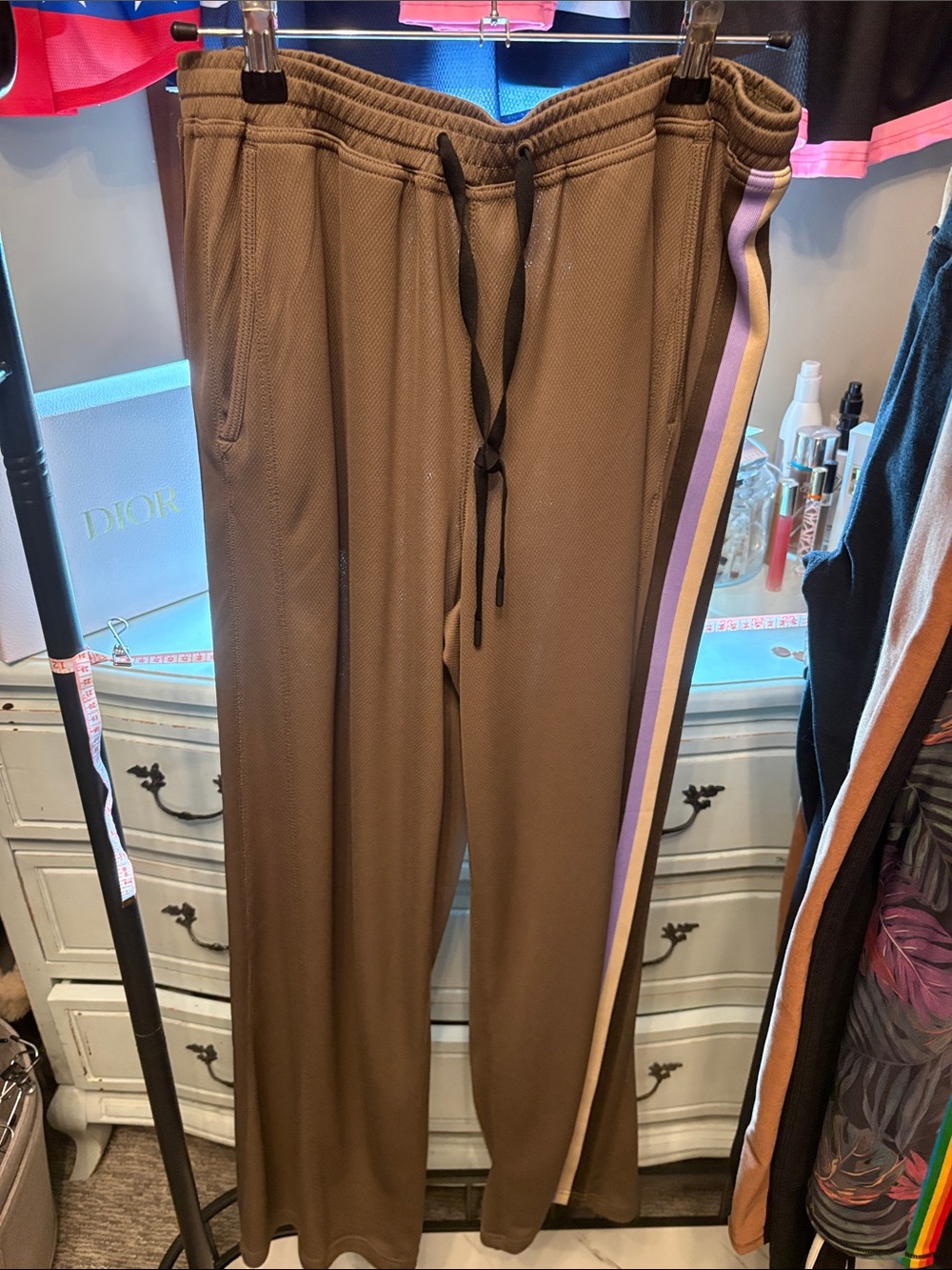 Brownish green  Wide-Leg Track Pants with Contrast Side Stripes